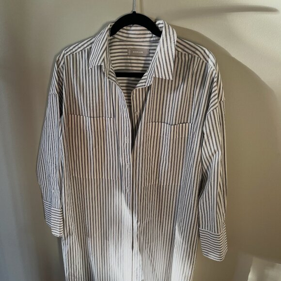 NWOT Everlane Midi Cotton Shirt Dress - Bone/Navy - Size L - Picture 2 of 12
